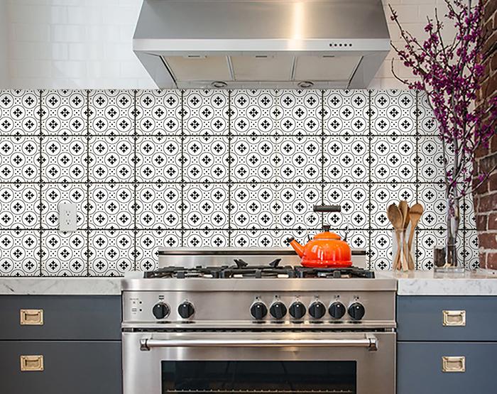 4" X 4" Black and White Rosa Peel and Stick Removable Tiles