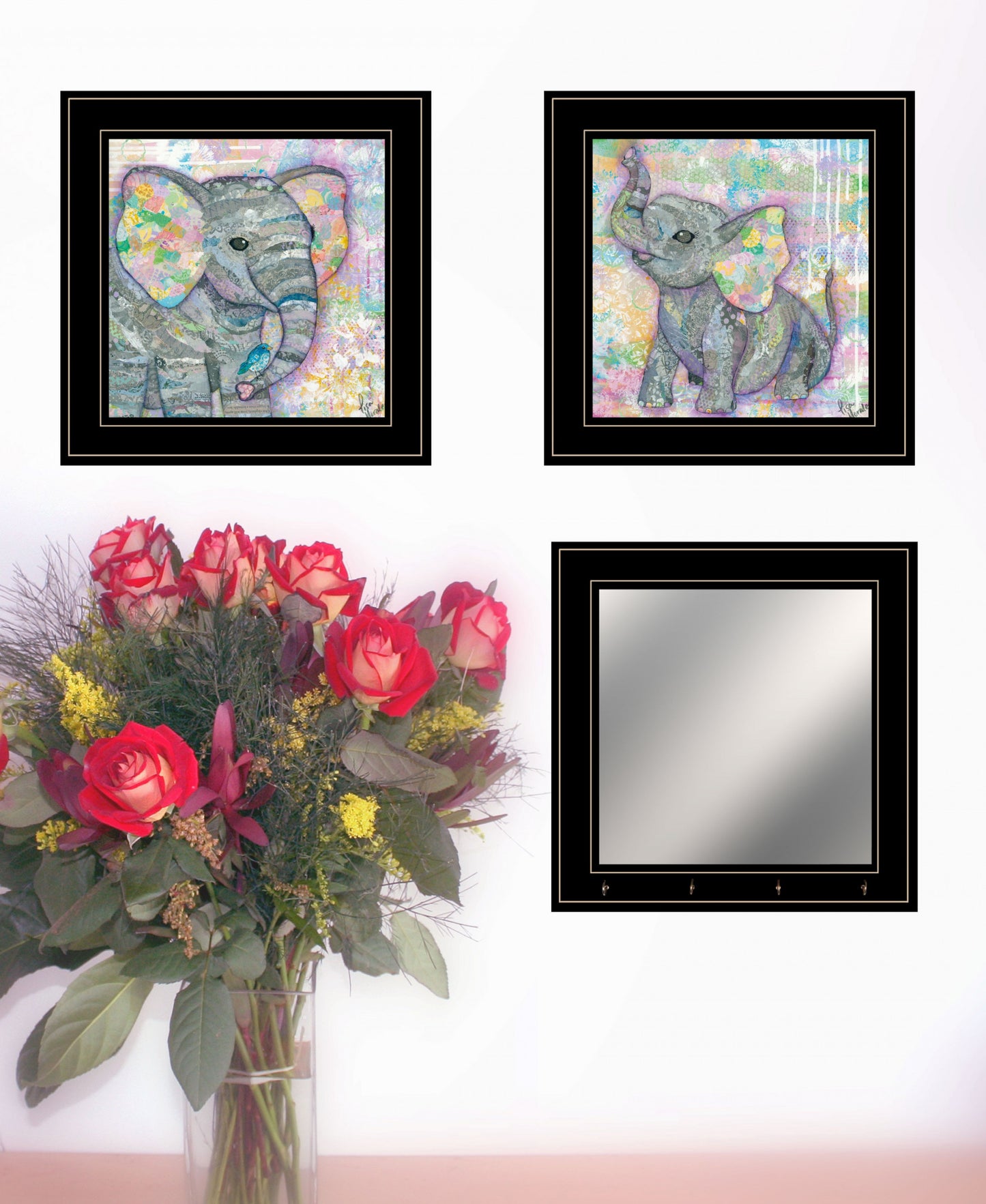 Set Of Three Whimsical Pastel Elephant Black Framed Print Wall Art with Mirror