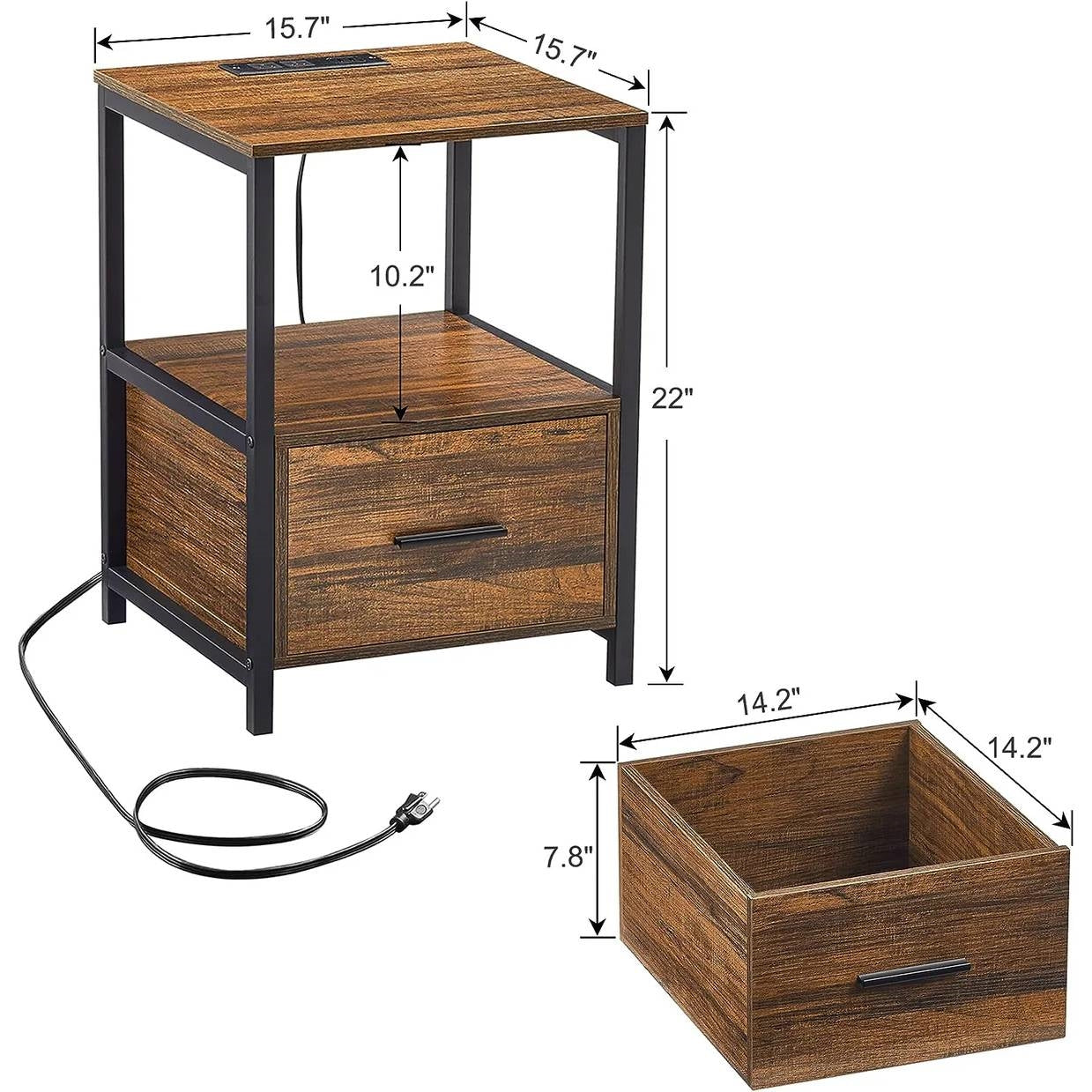 Modern Metal Wood Side End Table Nightstand Shelf with USB Charging Ports