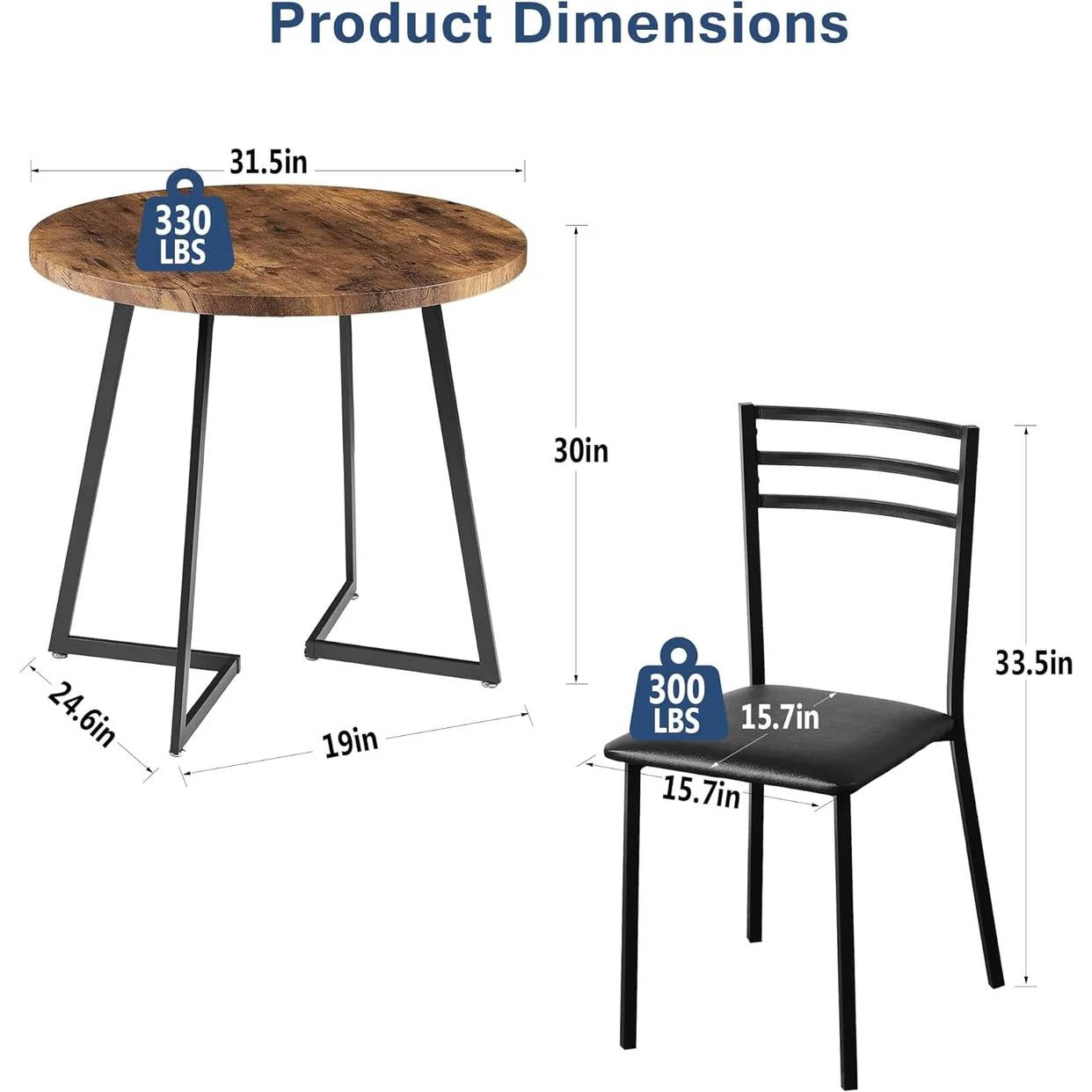 Modern 3-Piece Kitchen Dining Set with Round Wood-Top Table and 2 Chairs
