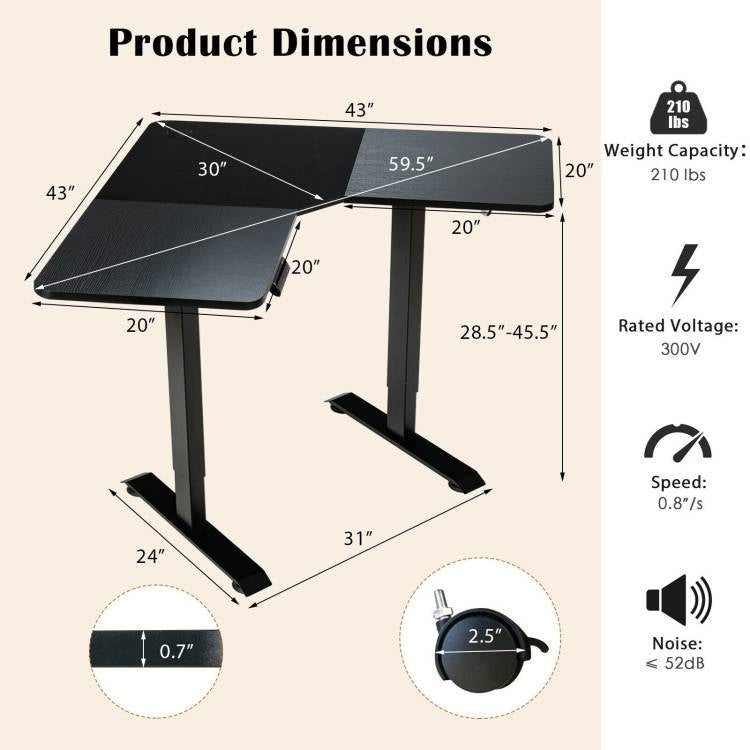 Black L-shaped Corner Desk for Sitting or Standing with Electric Lift