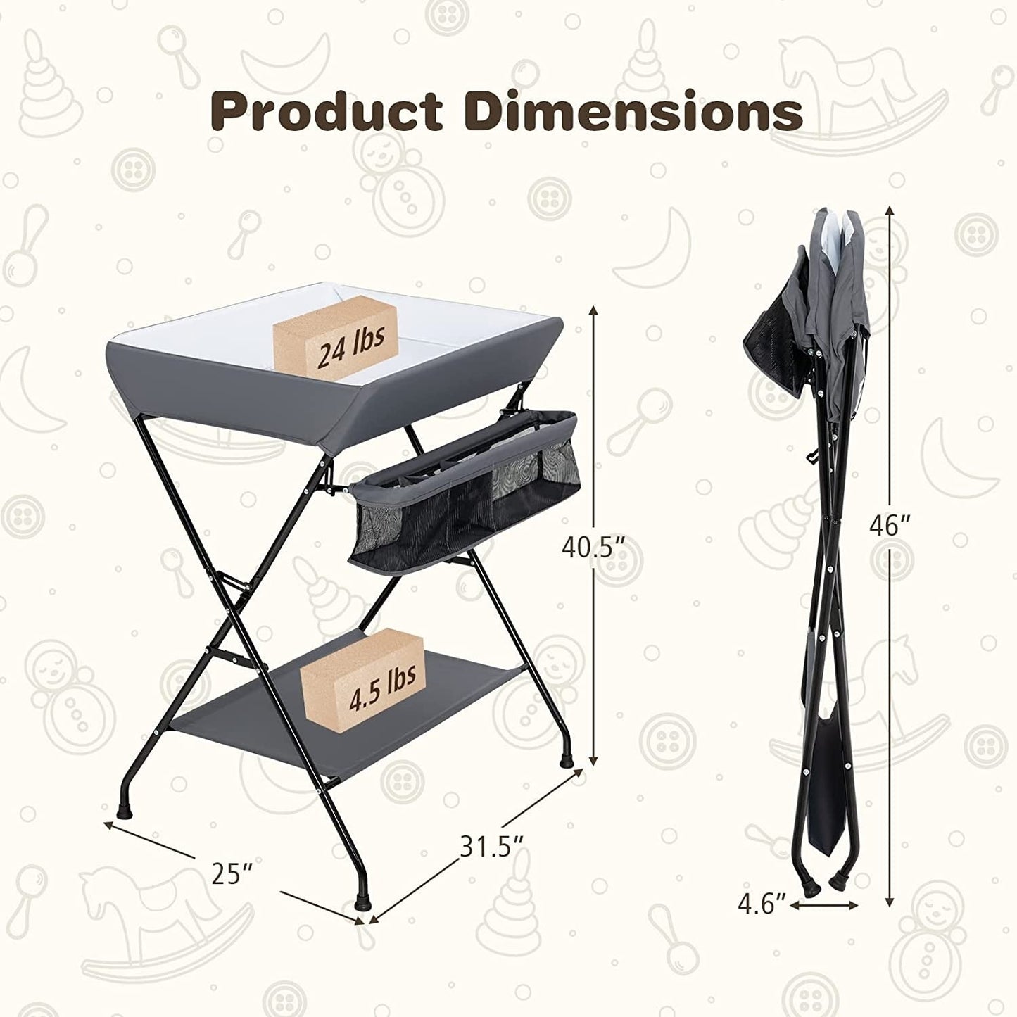 Grey Folding Wide Nursery Diaper Baby Changing Table