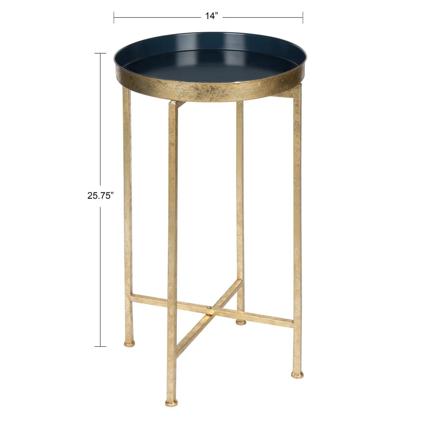 Gold Finish Metal Round End Table Nightstand with Removable Navy Blue Tray Top