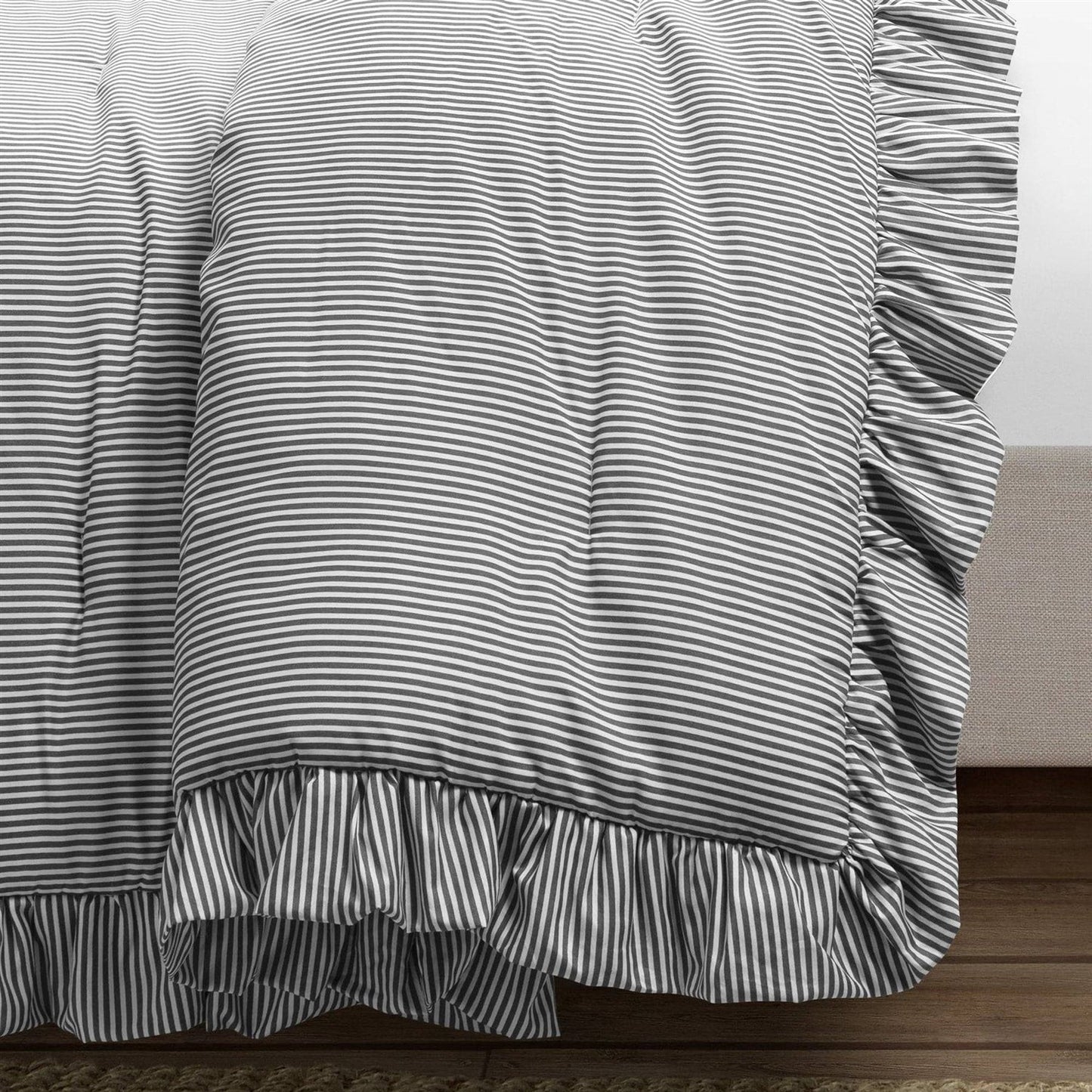 Full/Queen Grey White Stripe Ruffle Reversible 3 Piece Comforter Set