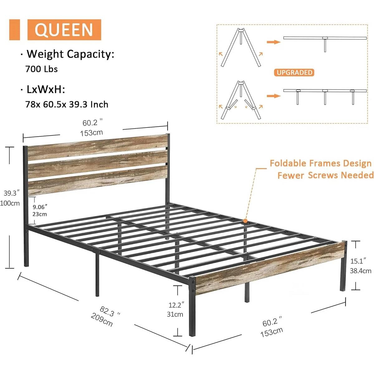 Queen Industrial Farmhouse Rustic Wood Metal Platform Bed Frame with Headboard