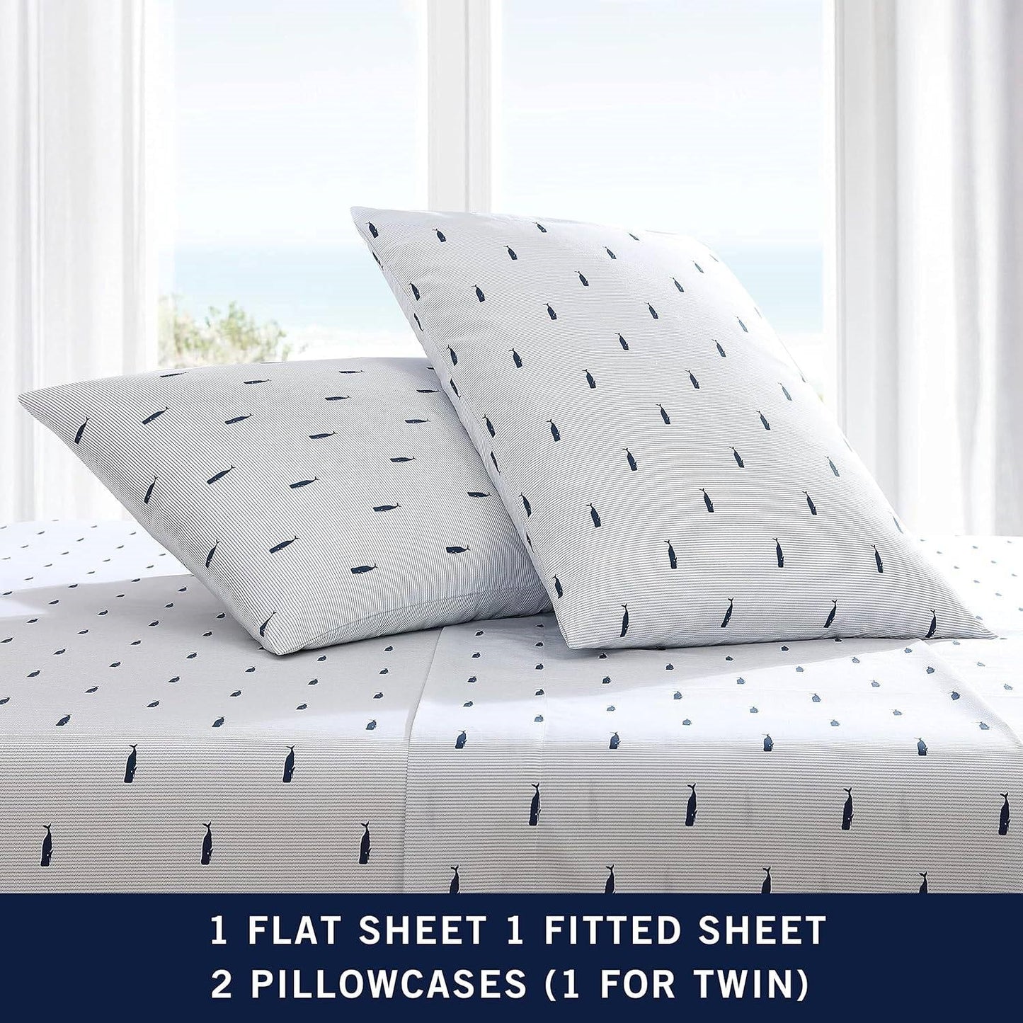 Queen size Coastal Beach 100-Percent Cotton Navy Blue White Stripe Sheet Set