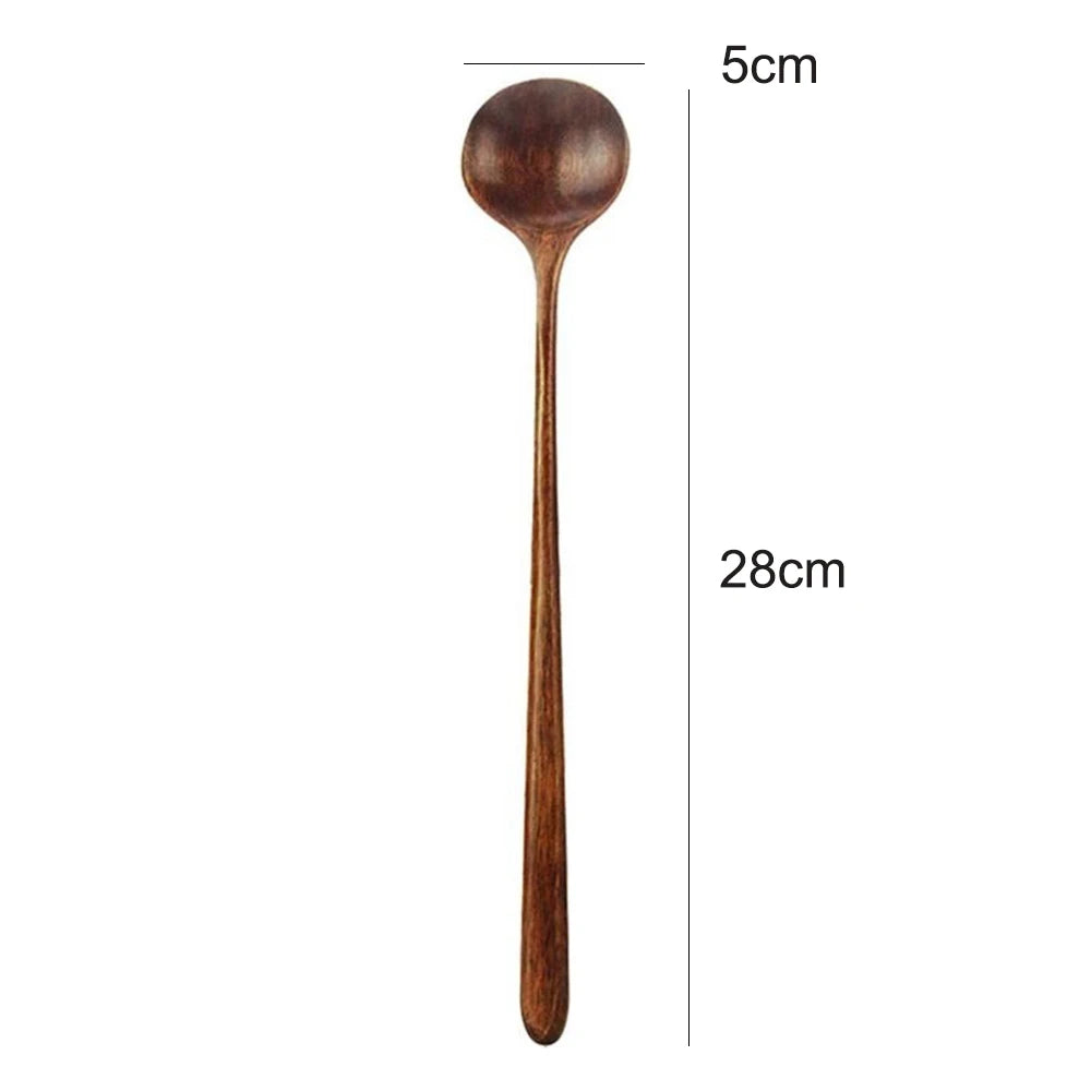 Korean Style 5 Pcs Long Spoons Wooden 10.9 inches 100% Natural Wood Handle Round for Soup Cooking Mixing Stirrer