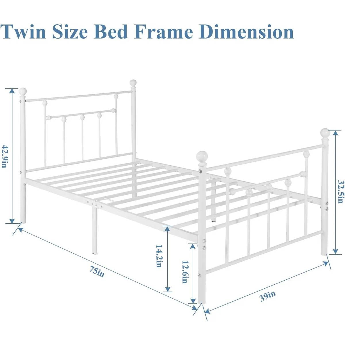 Twin Victorian Style White Metal Platform Bed Frame with Headboard Footboard