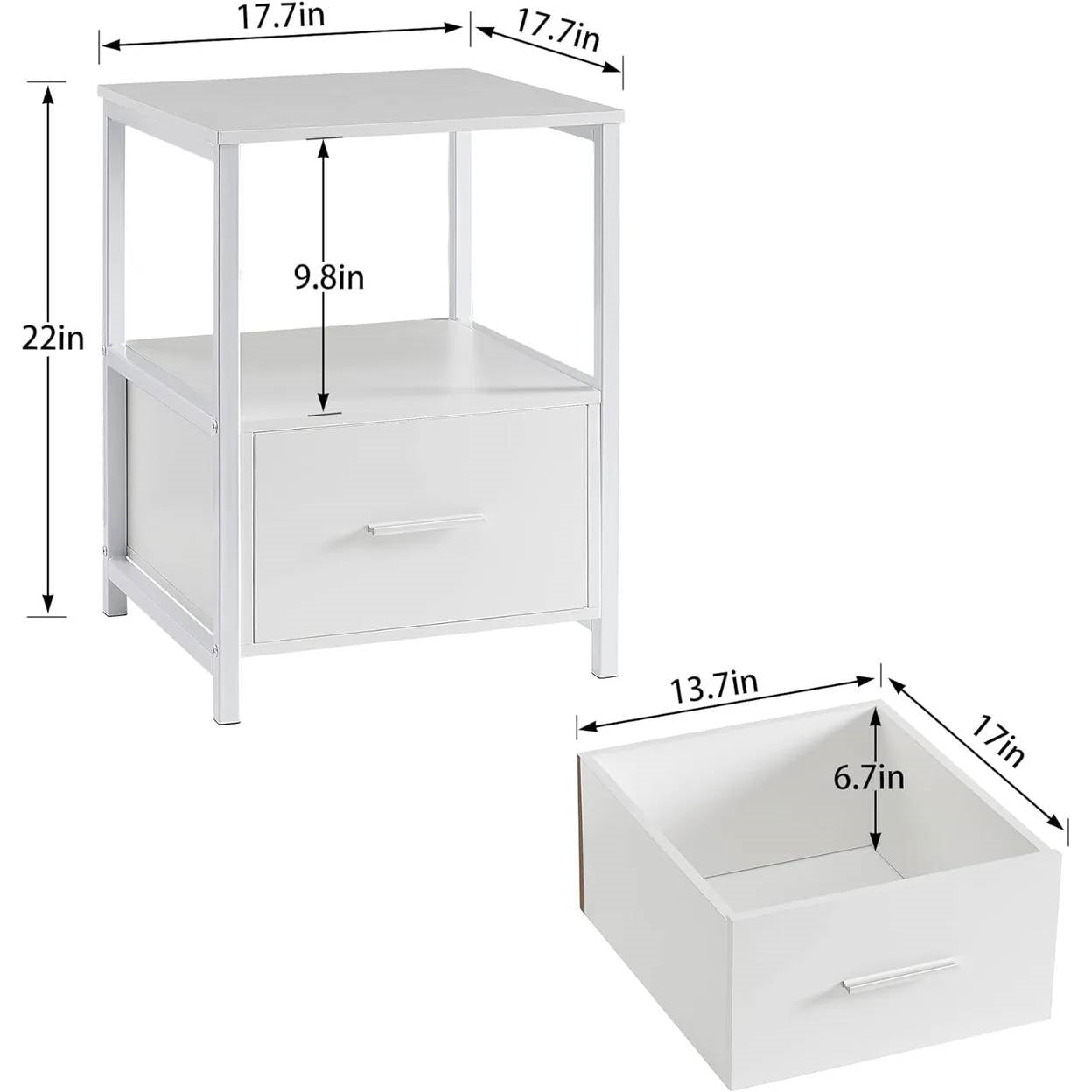 Set of 2 - Modern White Metal Wood Side End Table Nightstand with Storage Drawer