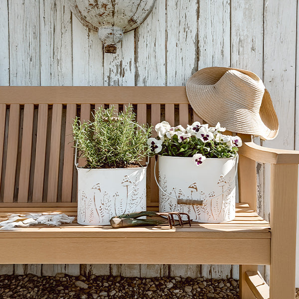 Rustic Cream Mushroom Embossed Metal Buckets, Set of Two