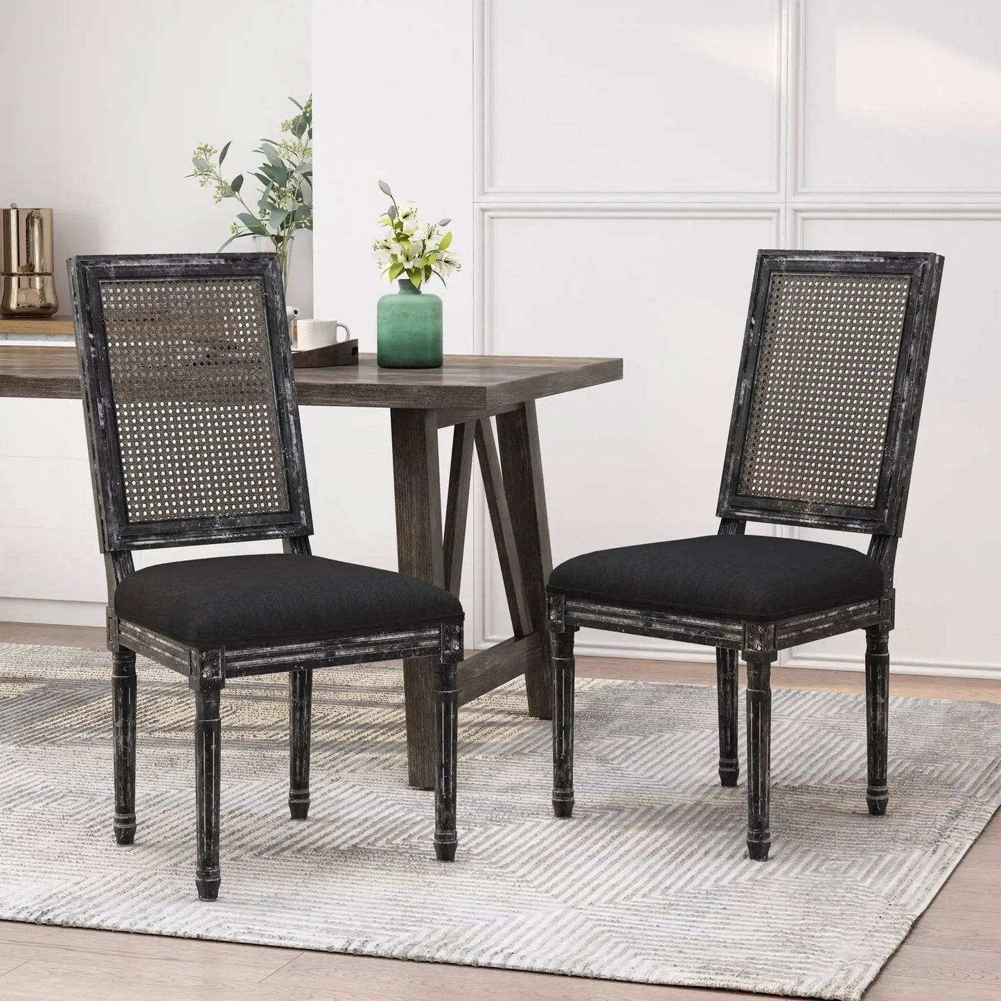 French Country Dining Chair With Rectangular Cane Backrest And Smooth Upholstered Seating
