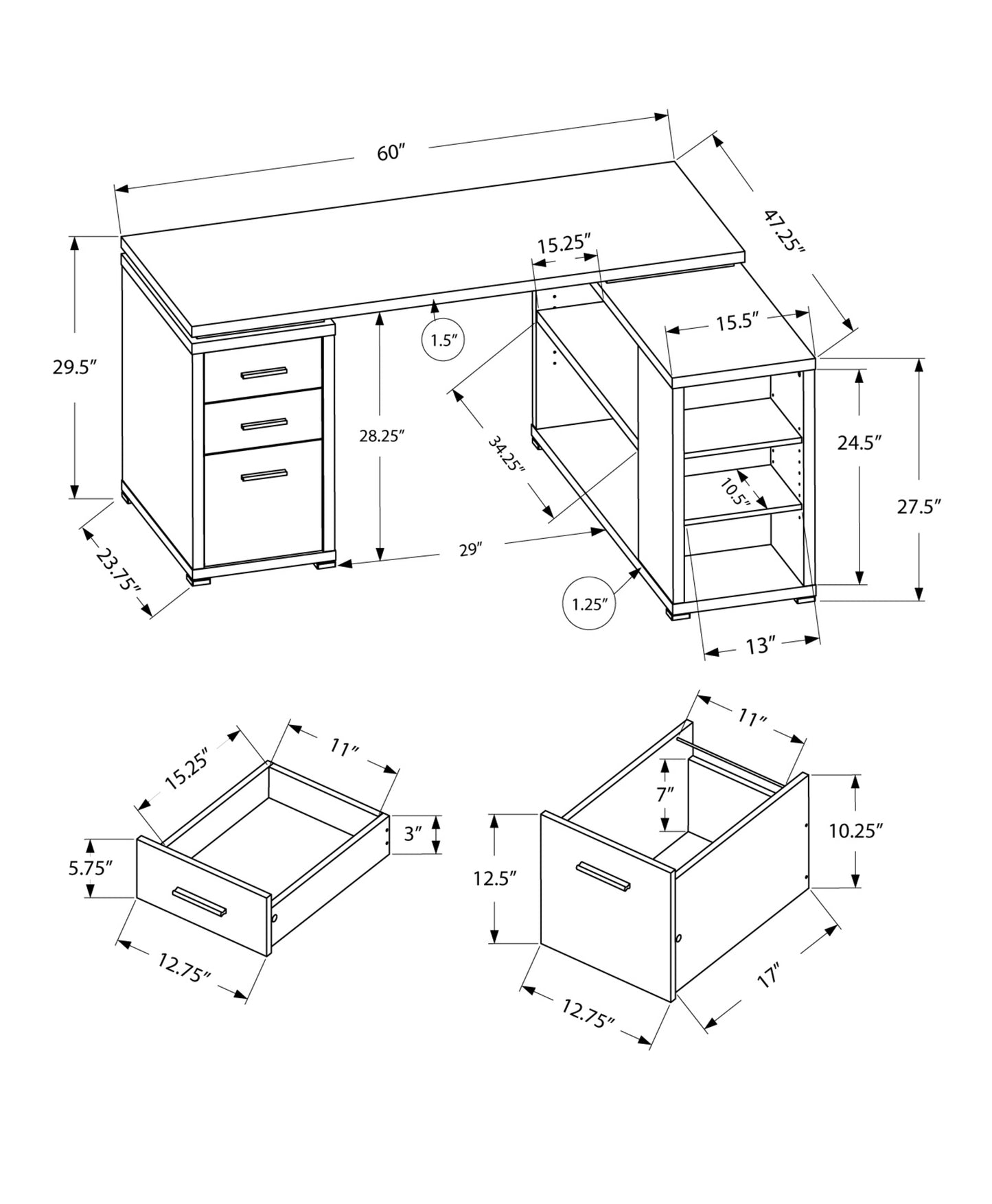 47" Brown Solid Manufactured Wood L Shape Computer Desk With Three Drawers