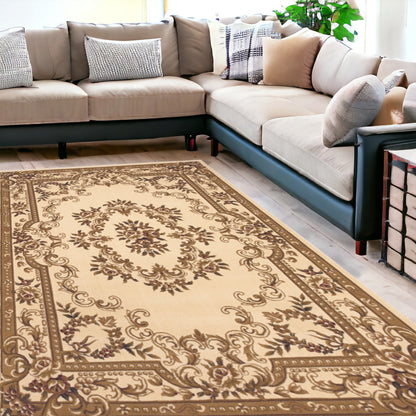 10' X 13' Green Ivory Machine Woven Hand Carved Floral Medallion Indoor Area Rug