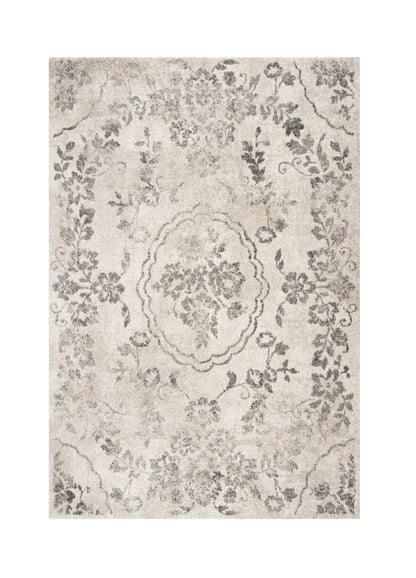 5' X 8' Grey Machine Woven Distressed Floral Medallion Indoor Area Rug