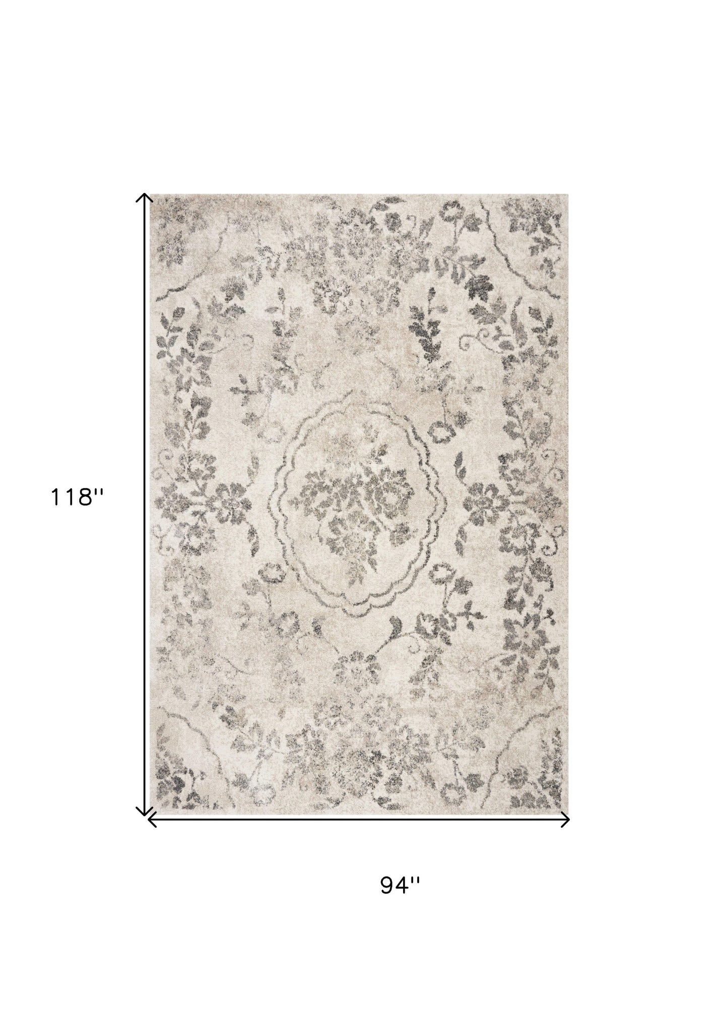 5' X 8' Grey Machine Woven Distressed Floral Medallion Indoor Area Rug