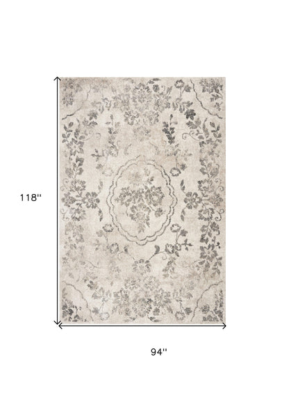 5' X 8' Grey Machine Woven Distressed Floral Medallion Indoor Area Rug