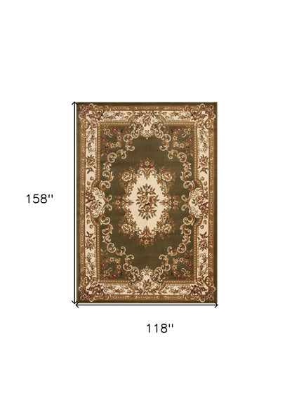 10' X 13' Green Ivory Machine Woven Hand Carved Floral Medallion Indoor Area Rug