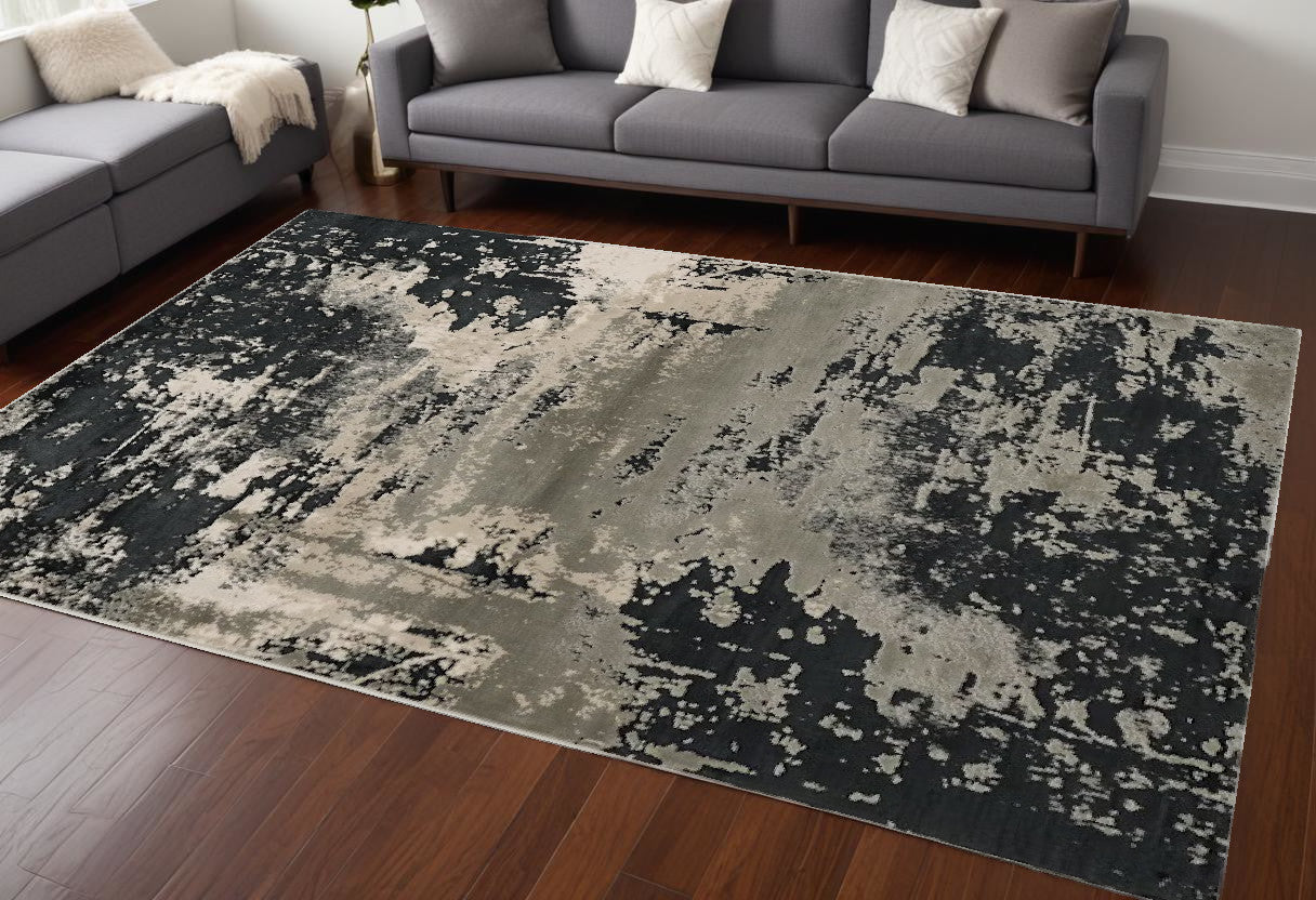 10' X 13' Silver Charcoal Machine Woven Abstract Paint Splatter Indoor Area Rug