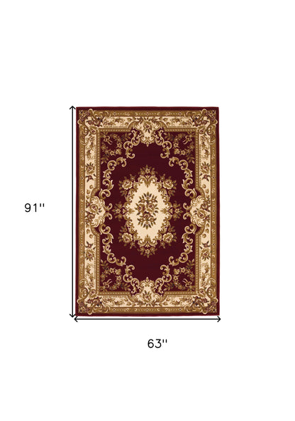 5' X 8' Red and Ivory Floral Bordered Area Rug