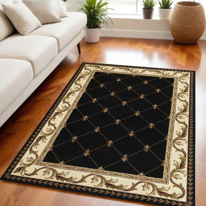 3' X 5' Black Machine Woven Hand Carved Fleur De Lis Indoor Area Rug