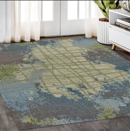 5' X 8' Green Blue Machine Woven Abstract Indoor Area Rug