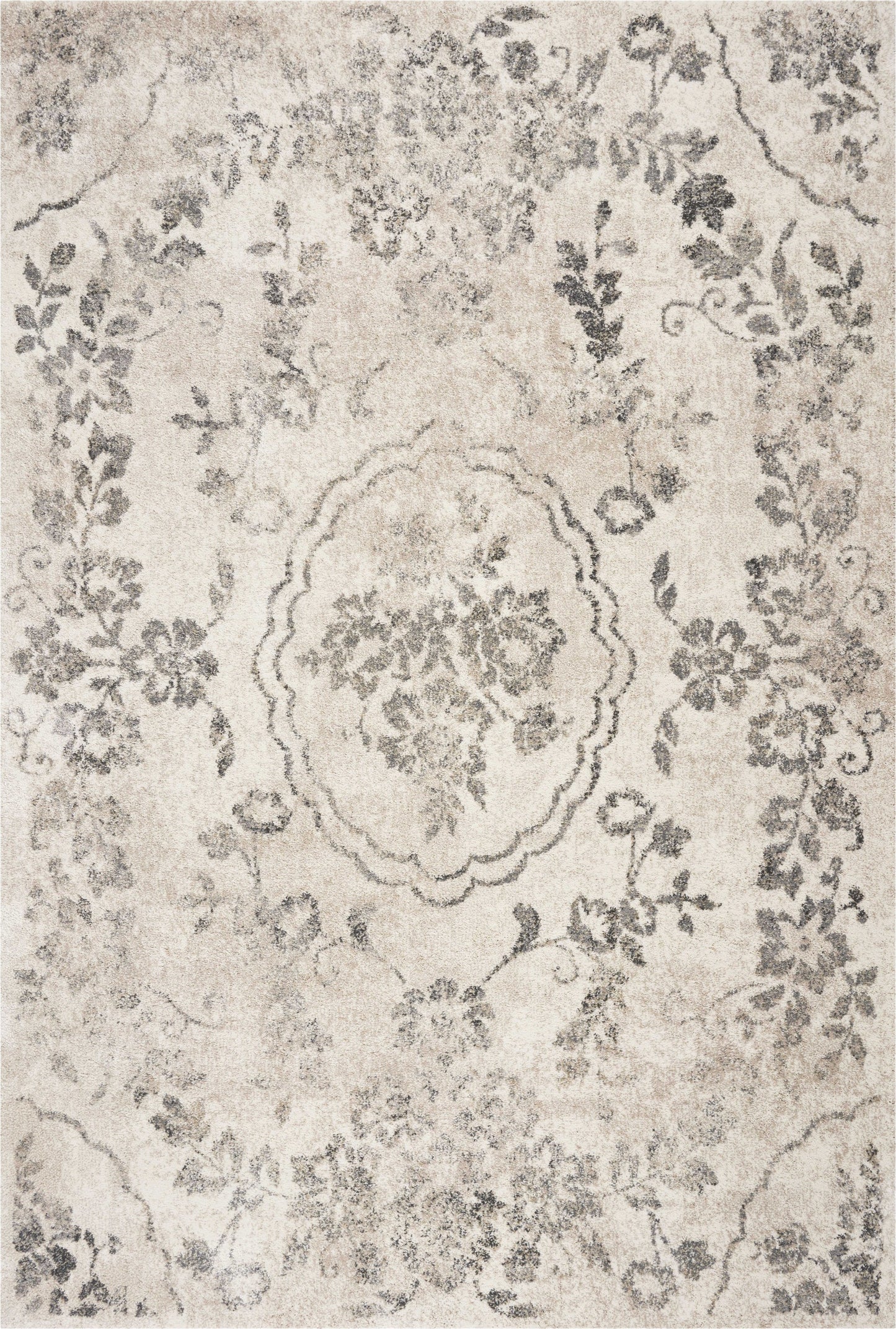 5' X 8' Grey Machine Woven Distressed Floral Medallion Indoor Area Rug