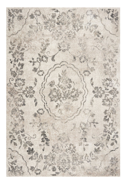 5' X 8' Grey Machine Woven Distressed Floral Medallion Indoor Area Rug