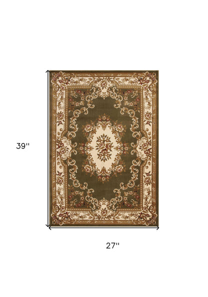 10' X 13' Green Ivory Machine Woven Hand Carved Floral Medallion Indoor Area Rug