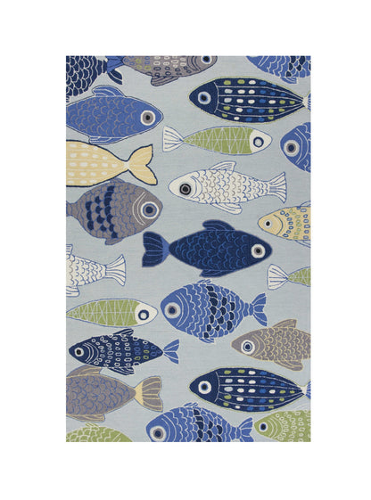 2' X 4' Blue and Ivory Fish Hand Tufted Area Rug