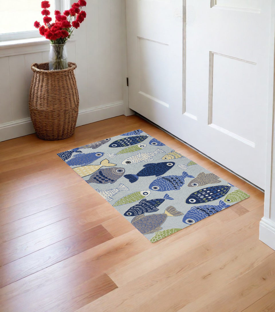 2' X 4' Blue and Ivory Fish Hand Tufted Area Rug