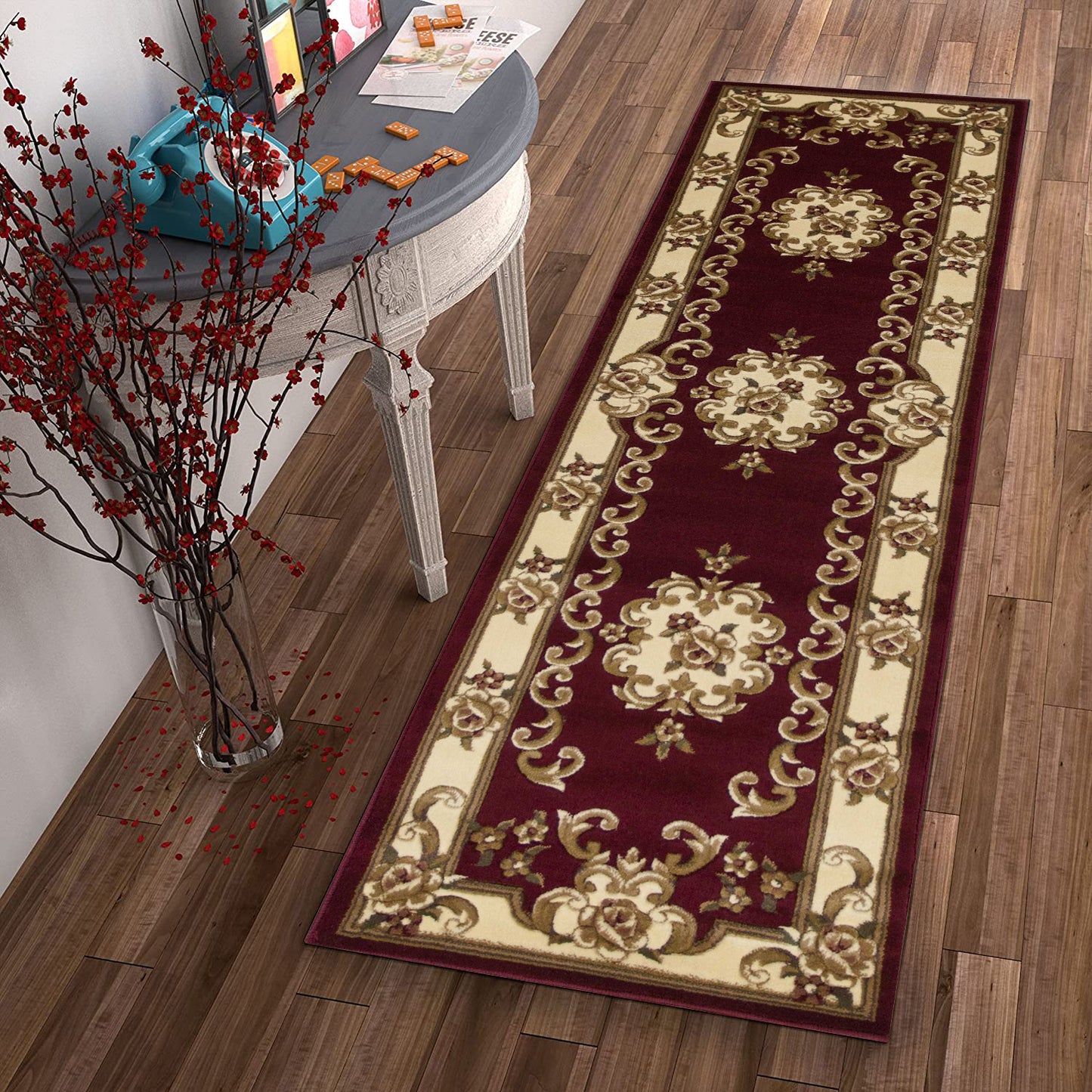 5' X 8' Red and Ivory Floral Bordered Area Rug