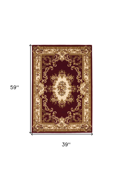 5' X 8' Red and Ivory Floral Bordered Area Rug