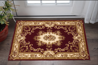 5' X 8' Red and Ivory Floral Bordered Area Rug