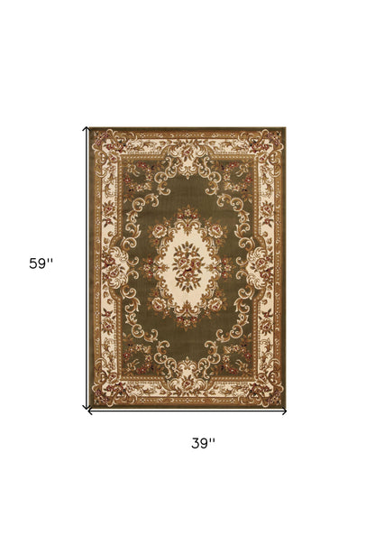 10' X 13' Green Ivory Machine Woven Hand Carved Floral Medallion Indoor Area Rug