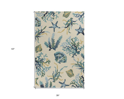 2' X 3' Ivory and Blue Seashell and Coral Hand Tufted Area Rug