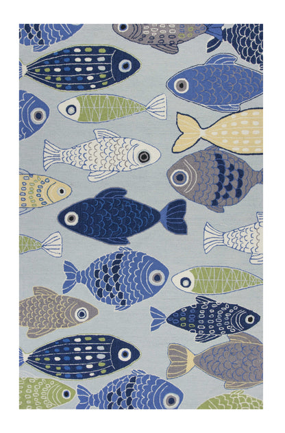 2' X 4' Blue and Ivory Fish Hand Tufted Area Rug