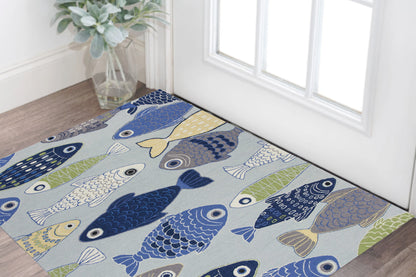 2' X 4' Blue and Ivory Fish Hand Tufted Area Rug