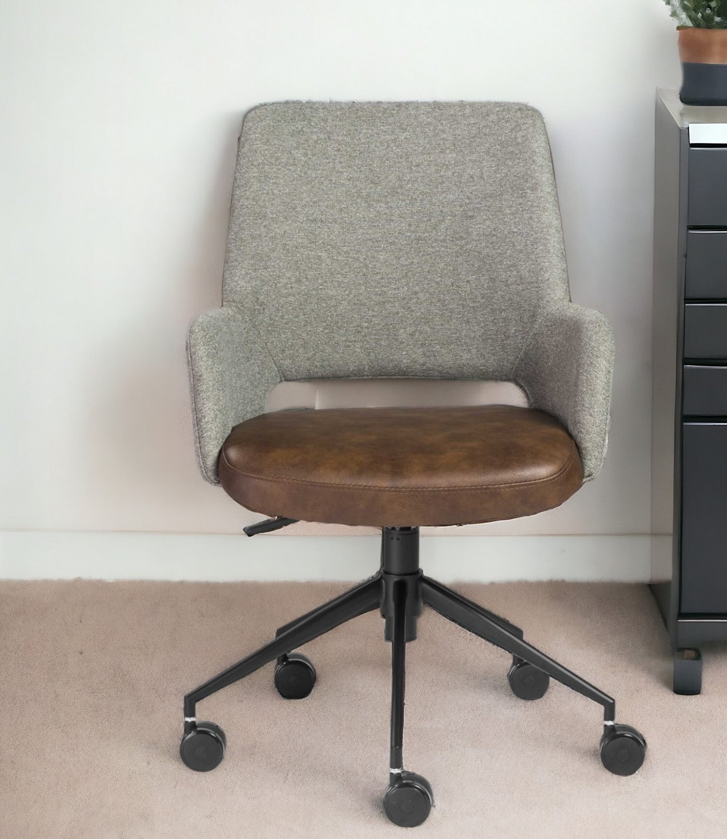 Gray Brown and Black Adjustable Swivel Fabric Rolling Office Chair