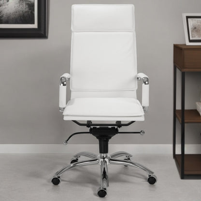 White and Silver Adjustable Swivel Faux Leather Rolling Executive Office Chair