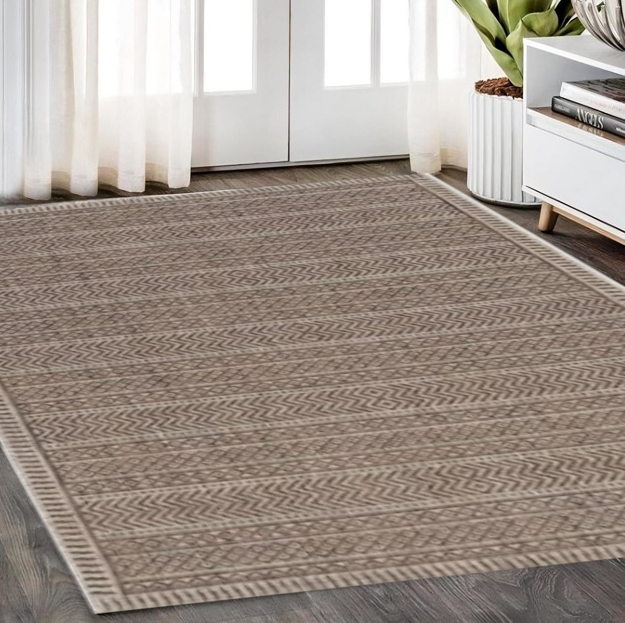 8' X 11' Mocha Geometric Patterns Indoor Area Rug