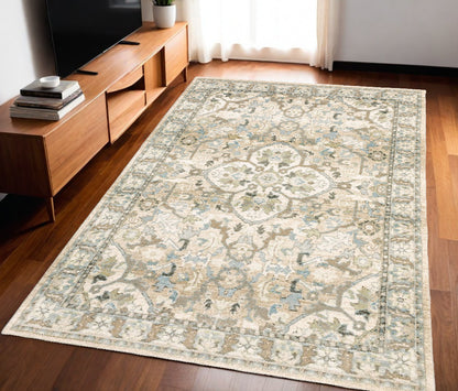 9' X 12' Beige And Ivory Medallion Area Rug