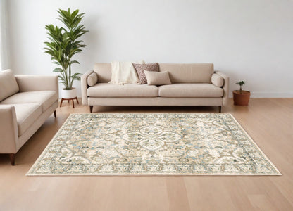 9' X 12' Beige And Ivory Medallion Area Rug