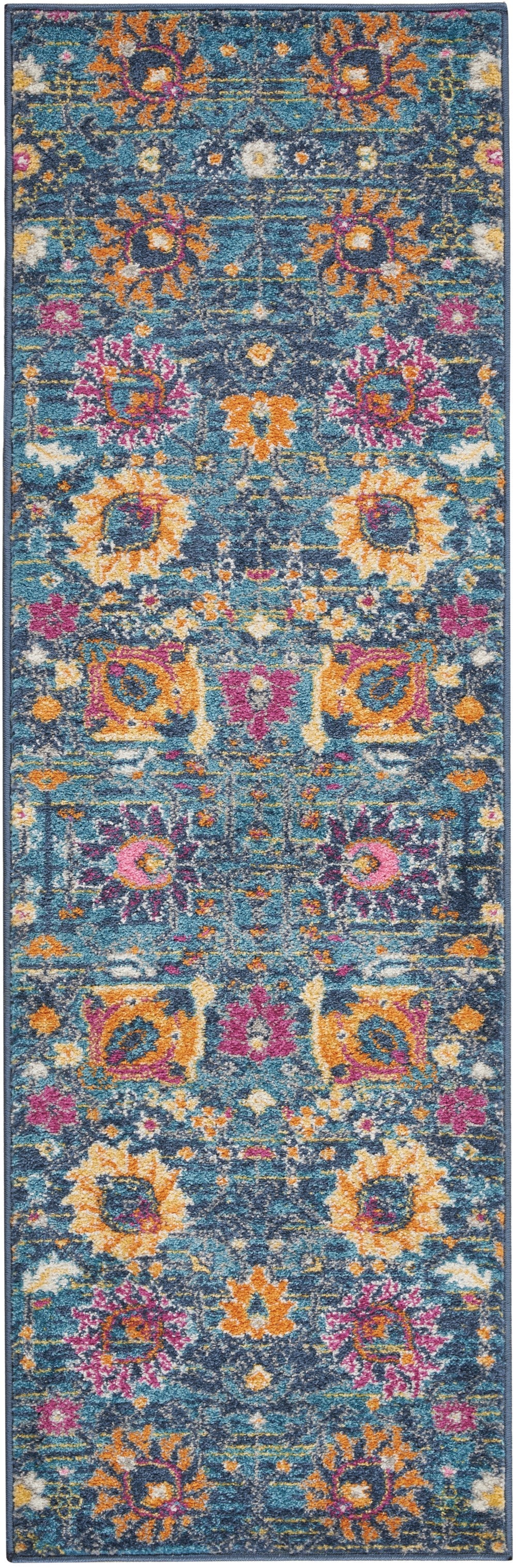 8' X 10' Blue And Orange Floral Power Loom Area Rug