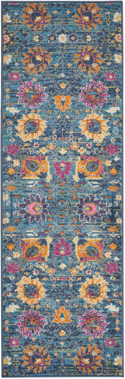 8' X 10' Blue And Orange Floral Power Loom Area Rug