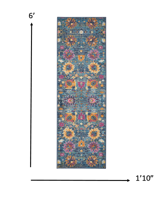 8' X 10' Blue And Orange Floral Power Loom Area Rug