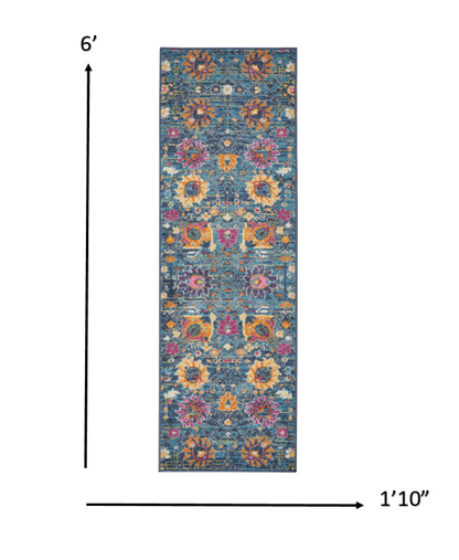 8' X 10' Blue And Orange Floral Power Loom Area Rug