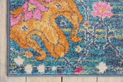 8' X 10' Blue And Orange Floral Power Loom Area Rug