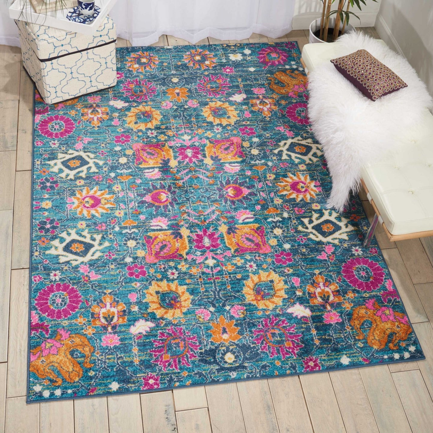 8' X 10' Blue And Orange Floral Power Loom Area Rug