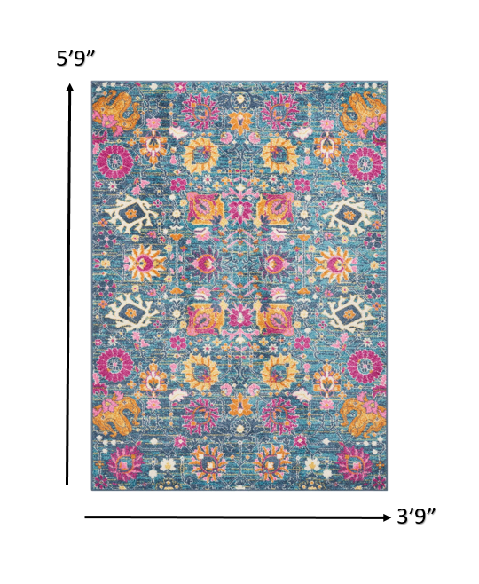 8' X 10' Blue And Orange Floral Power Loom Area Rug