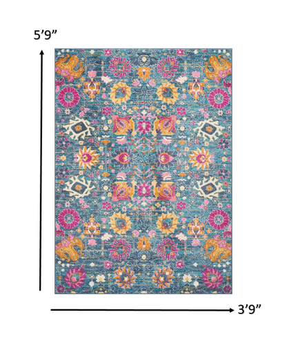 8' X 10' Blue And Orange Floral Power Loom Area Rug